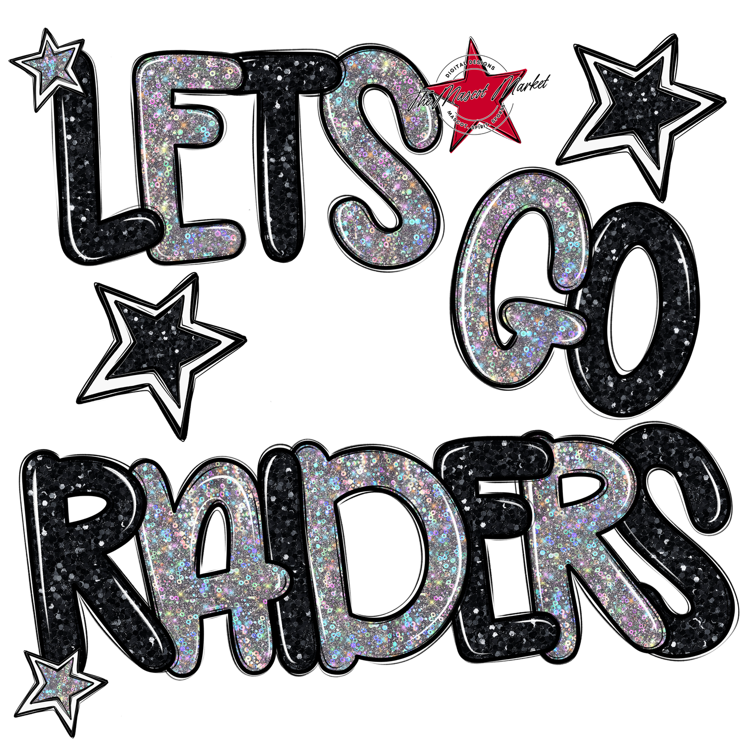 Lets Go Raiders Glitter-Black-Silver