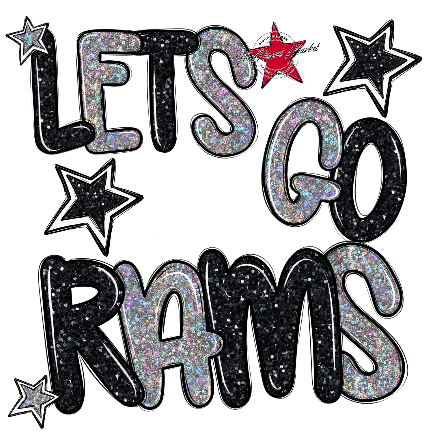 Lets Go Rams Glitter-Black-Silver