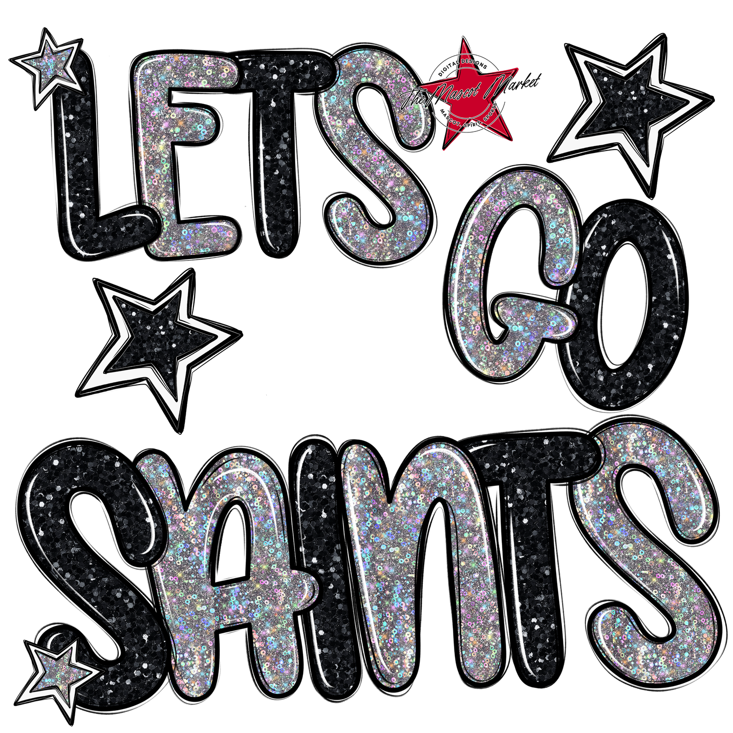 Lets Go Saints Glitter-Black-Silver