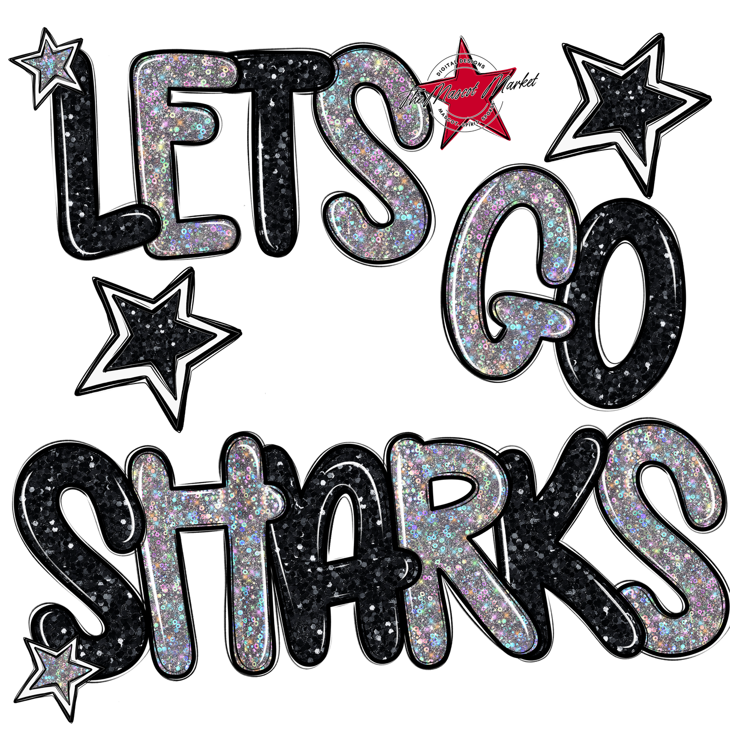 Lets Go Sharks Glitter-Black-Silver