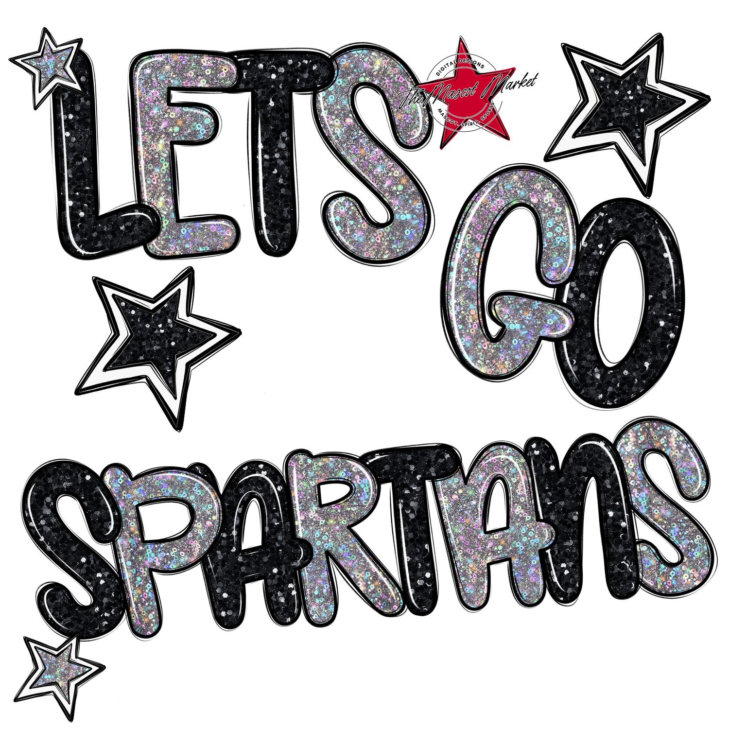 Lets Go Spartans Glitter-Black-Silver