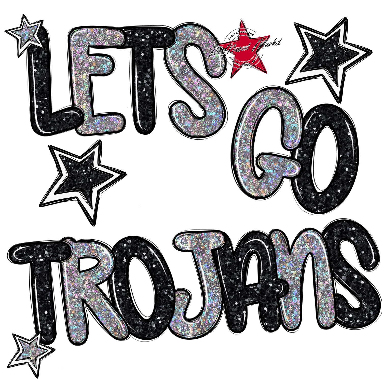 Lets Go Trojans Glitter-Black-Silver