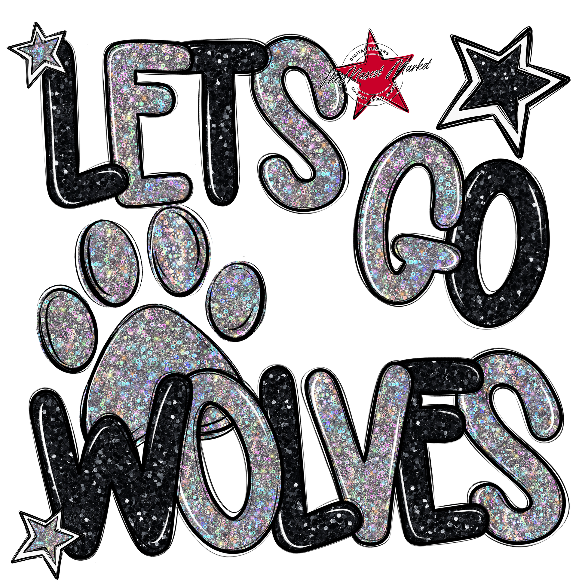 Lets Go Wolves Glitter-Black-Silver