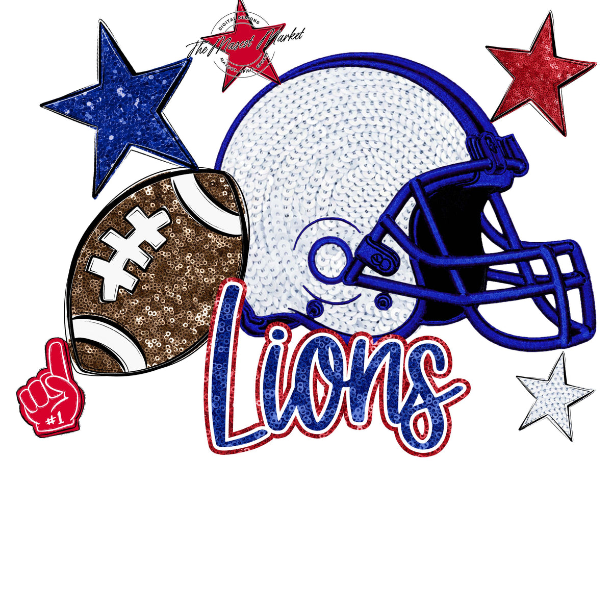 Lions Football Embroidered Sequins Design-Blue & Red