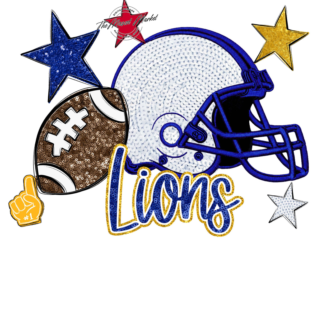 Lions Football Embroidered Sequins Design-Blue & Yellow