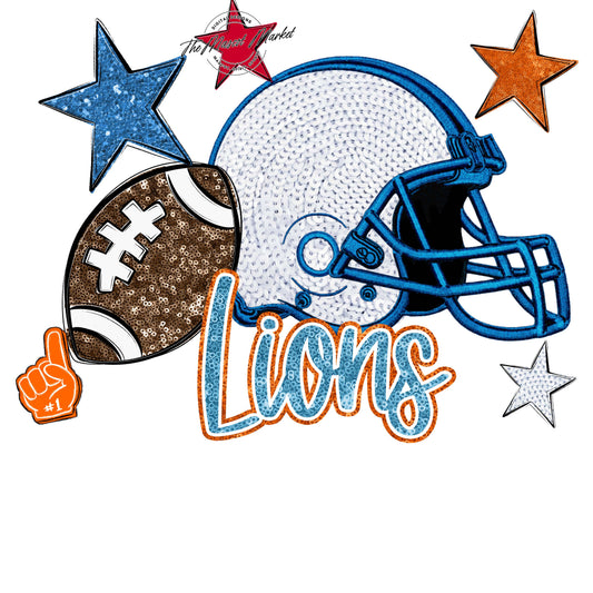 Lions Football Embroidered Sequins Design-Carolina Blue & Orange