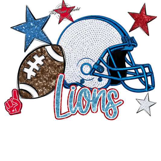 Lions Football Embroidered Sequins Design-Carolina Blue & Red