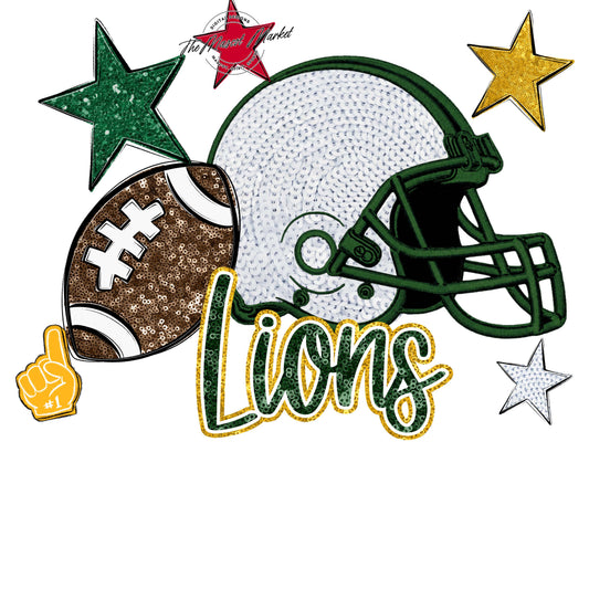 Lions Football Embroidered Sequins Design-Green & Yellow