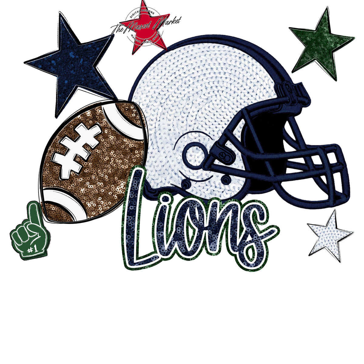 Lions Football Embroidered Sequins Design-Navy & Green