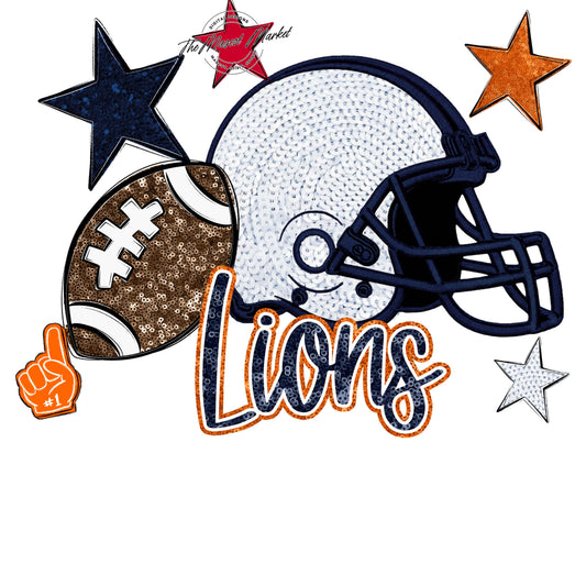 Lions Football Embroidered Sequins Design-Navy & Orange