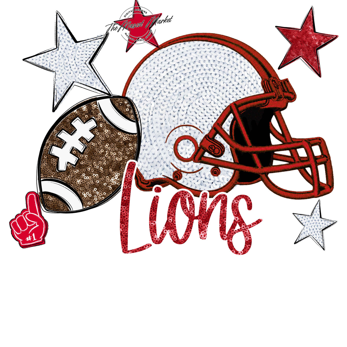 Lions Football Embroidered Sequins Design-Red