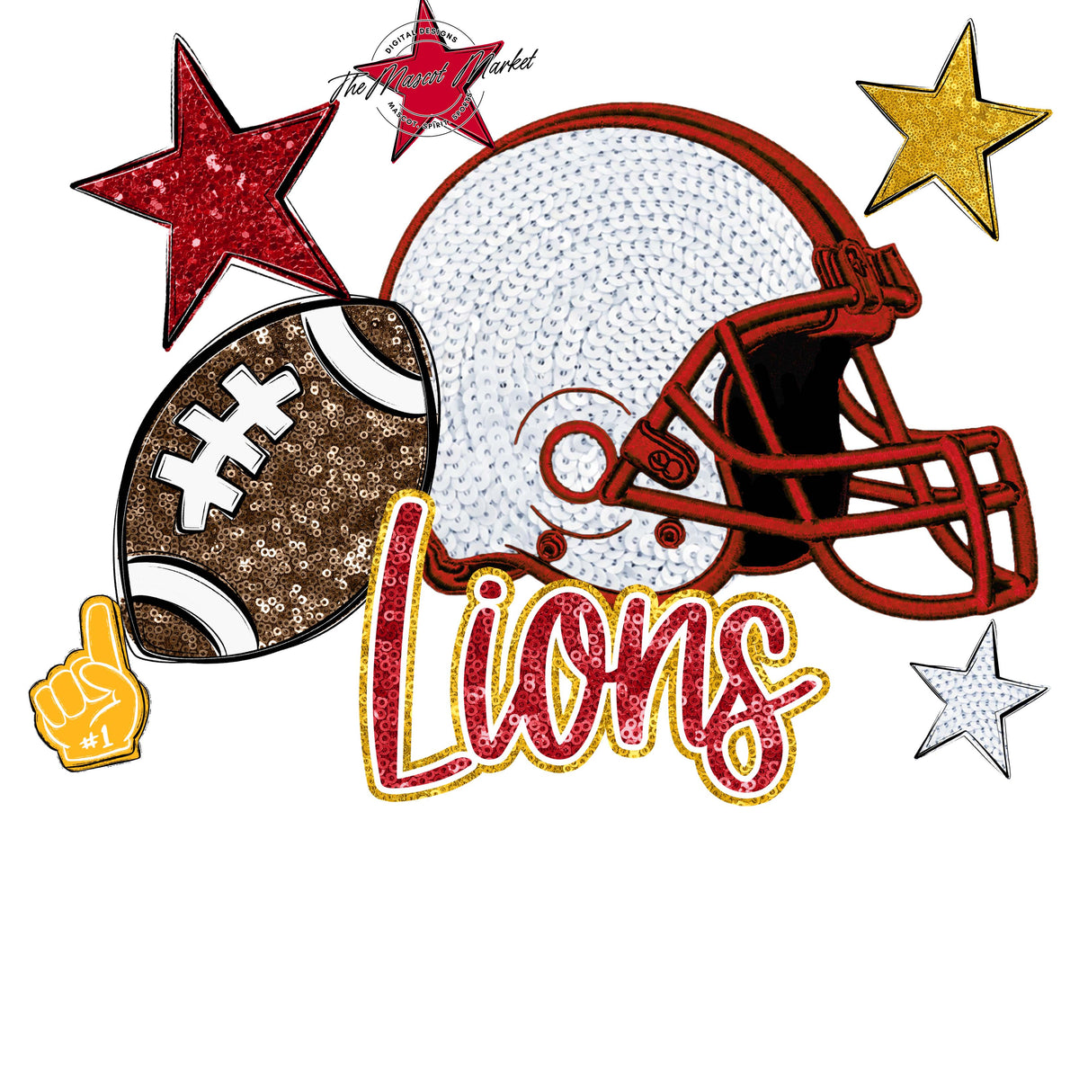 Lions Football Embroidered Sequins Design-Red & Yellow