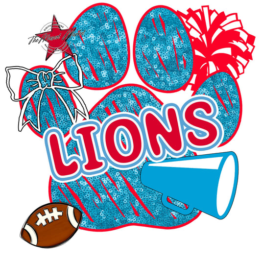 Lions Sequins Paw Print Design-Carolina Blue & Red