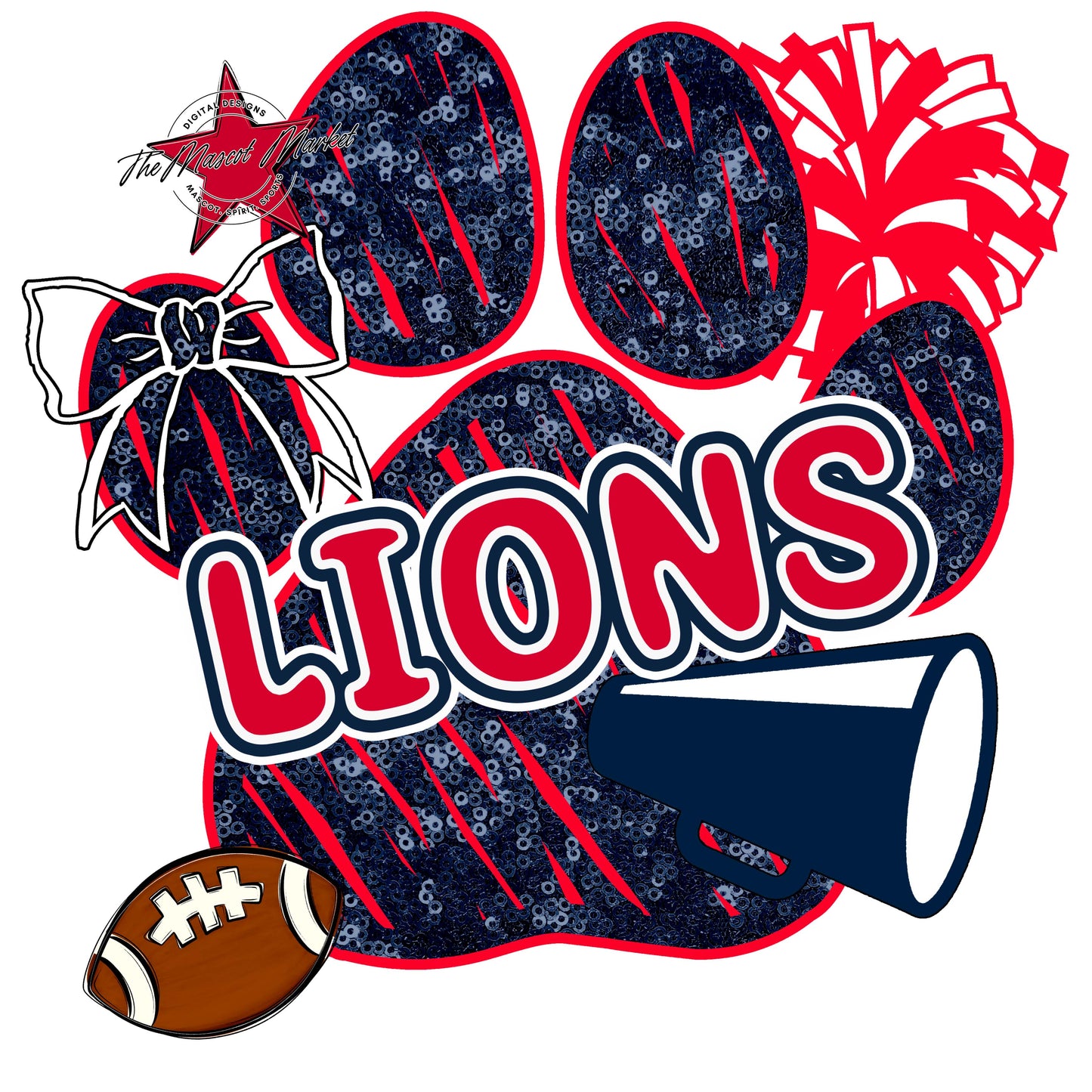 Lions Sequins Paw Print Design-Navy & Red