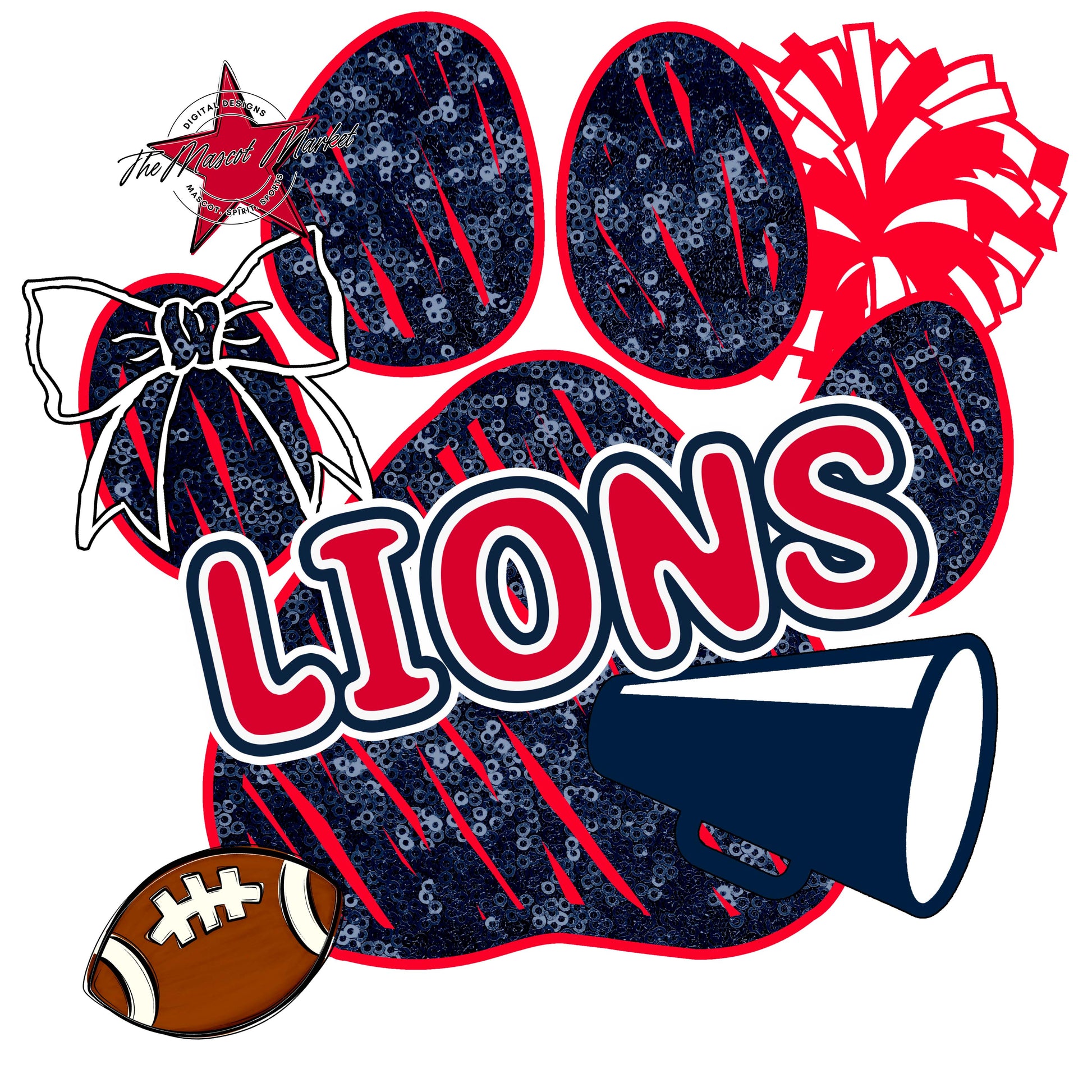 Lions Sequins Paw Print Design-Navy & Red