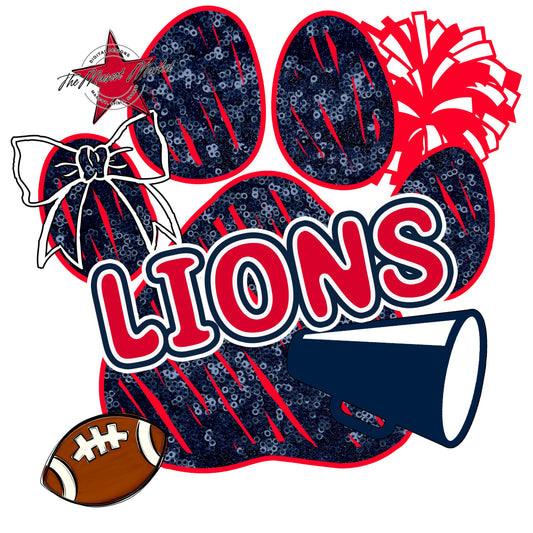 Lions Sequins Paw Print Design-Navy & Red
