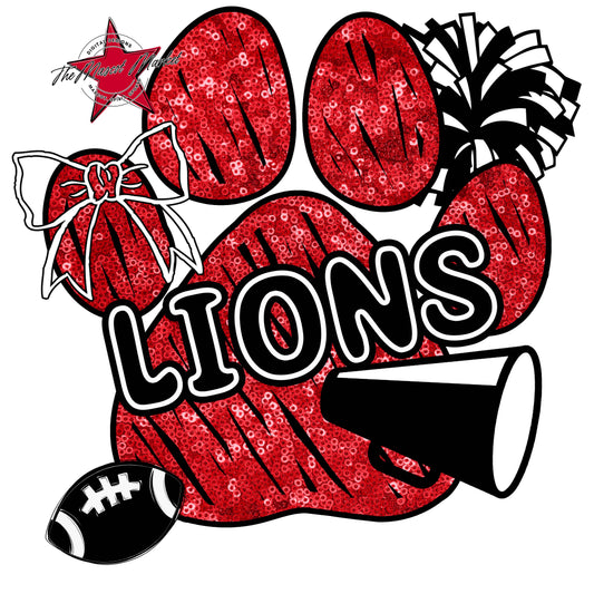 Lions Sequins Paw Print Design-Red