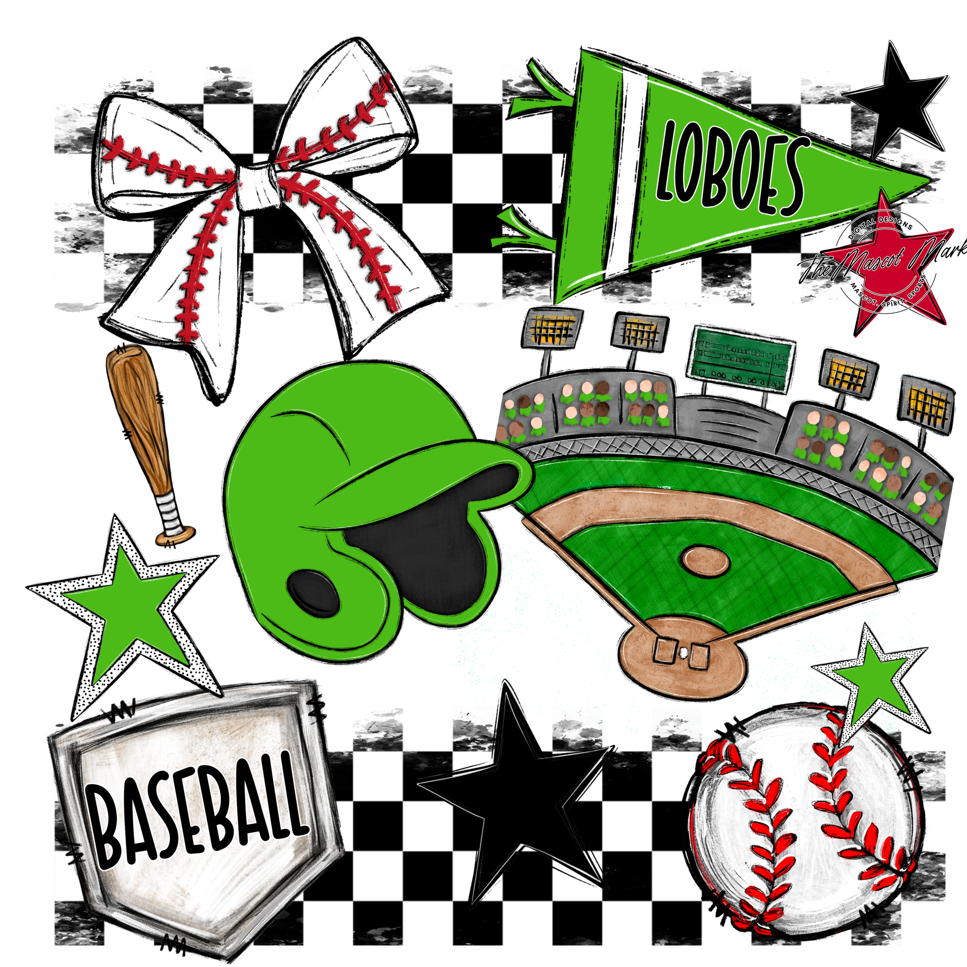 Loboes Checkers Baseball Spirit Design-Kelly Green