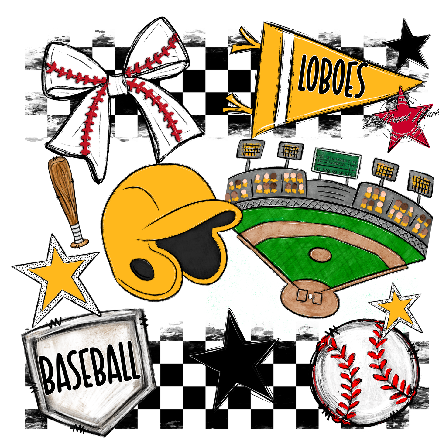 Loboes Checkers Baseball Spirit Design-Yellow