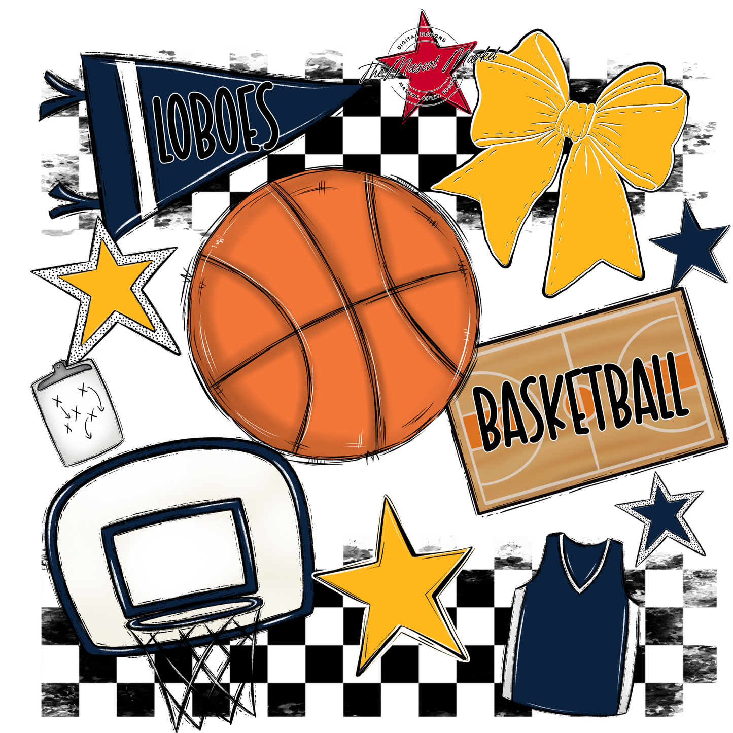 Loboes Checkers Basketball Spirit Design-Navy-Yellow