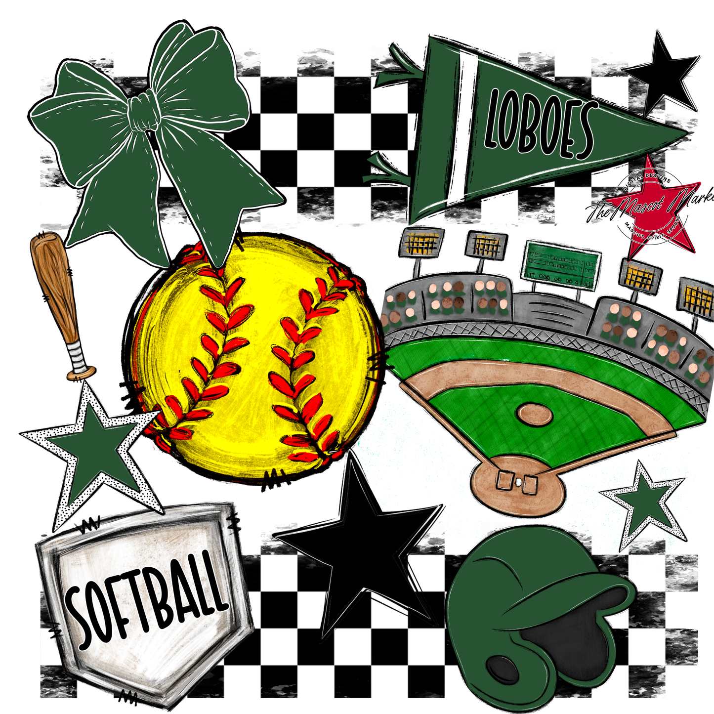 Loboes Checkers Softball Spirit Design-Green