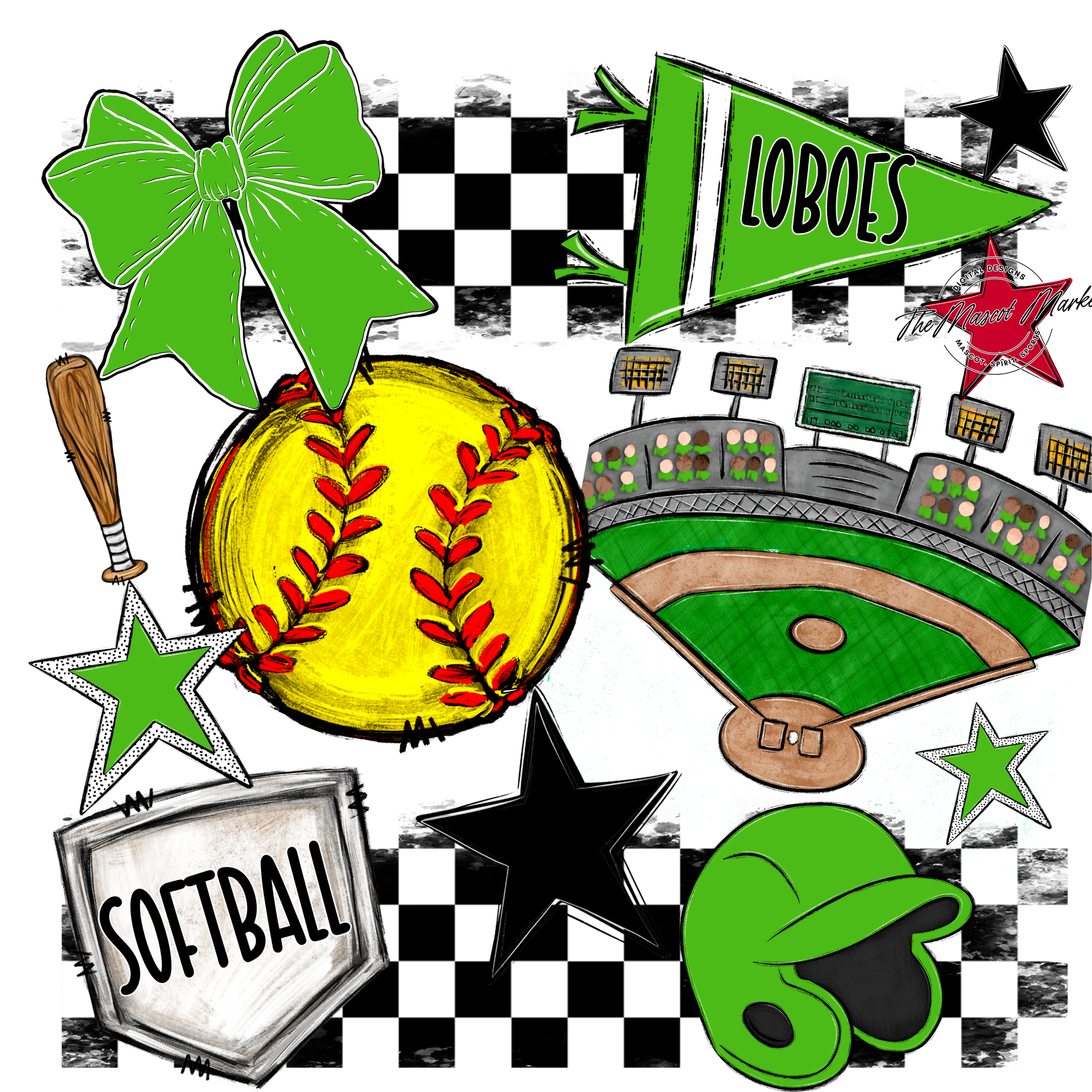 Loboes Checkers Softball Spirit Design-Kelly Green