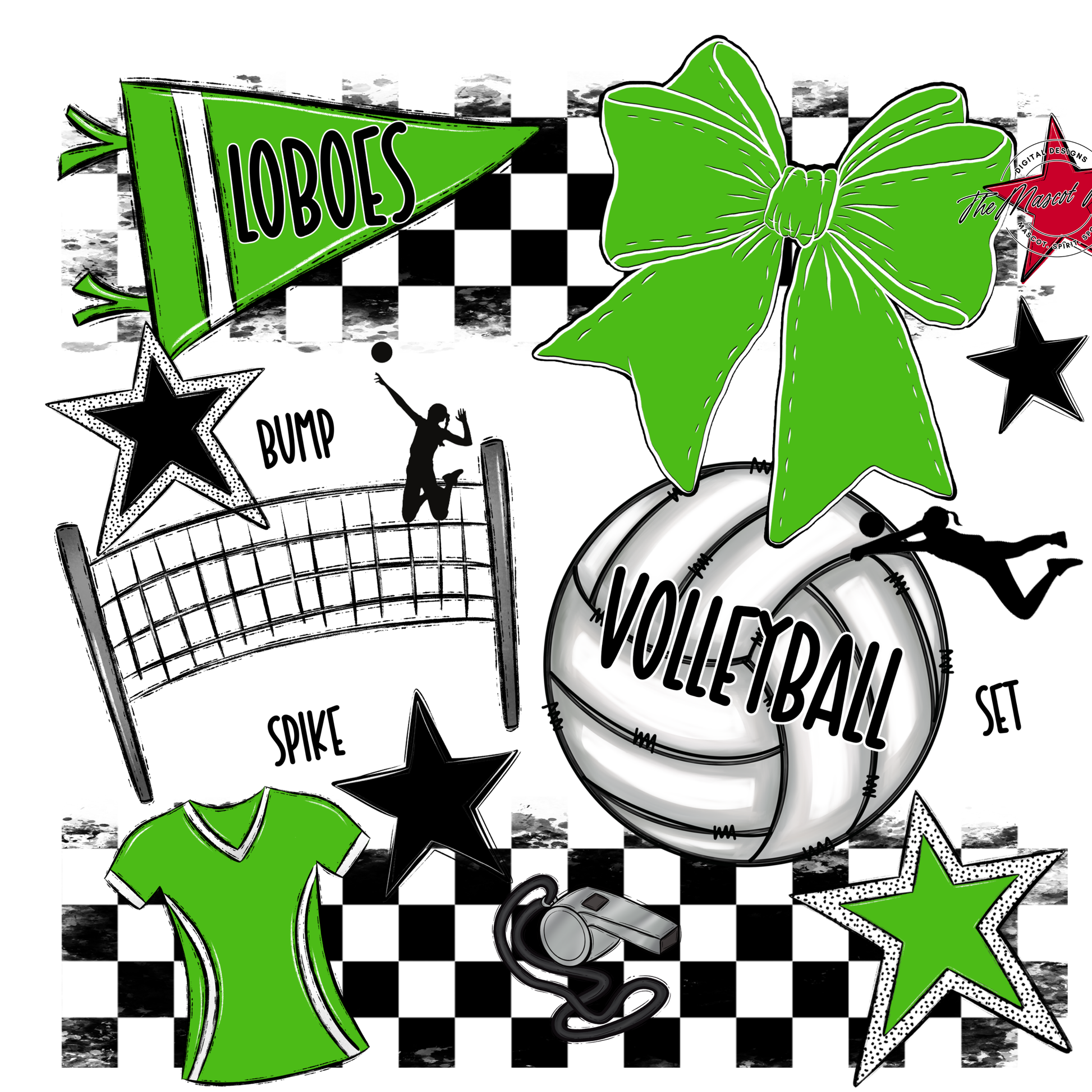 Loboes Checkers Volleyball Spirit Design-Kelly Green