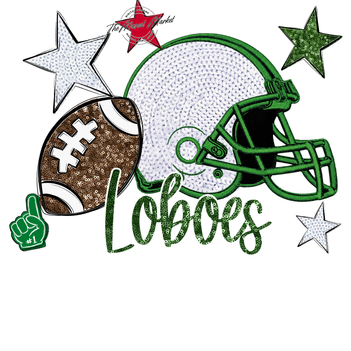 Loboes Football Embroidered Sequins Design-Kelly Green