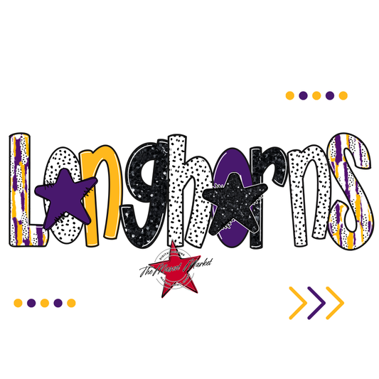Longhorns Brushstroke Alpha w Arrows-Purple-Yellow