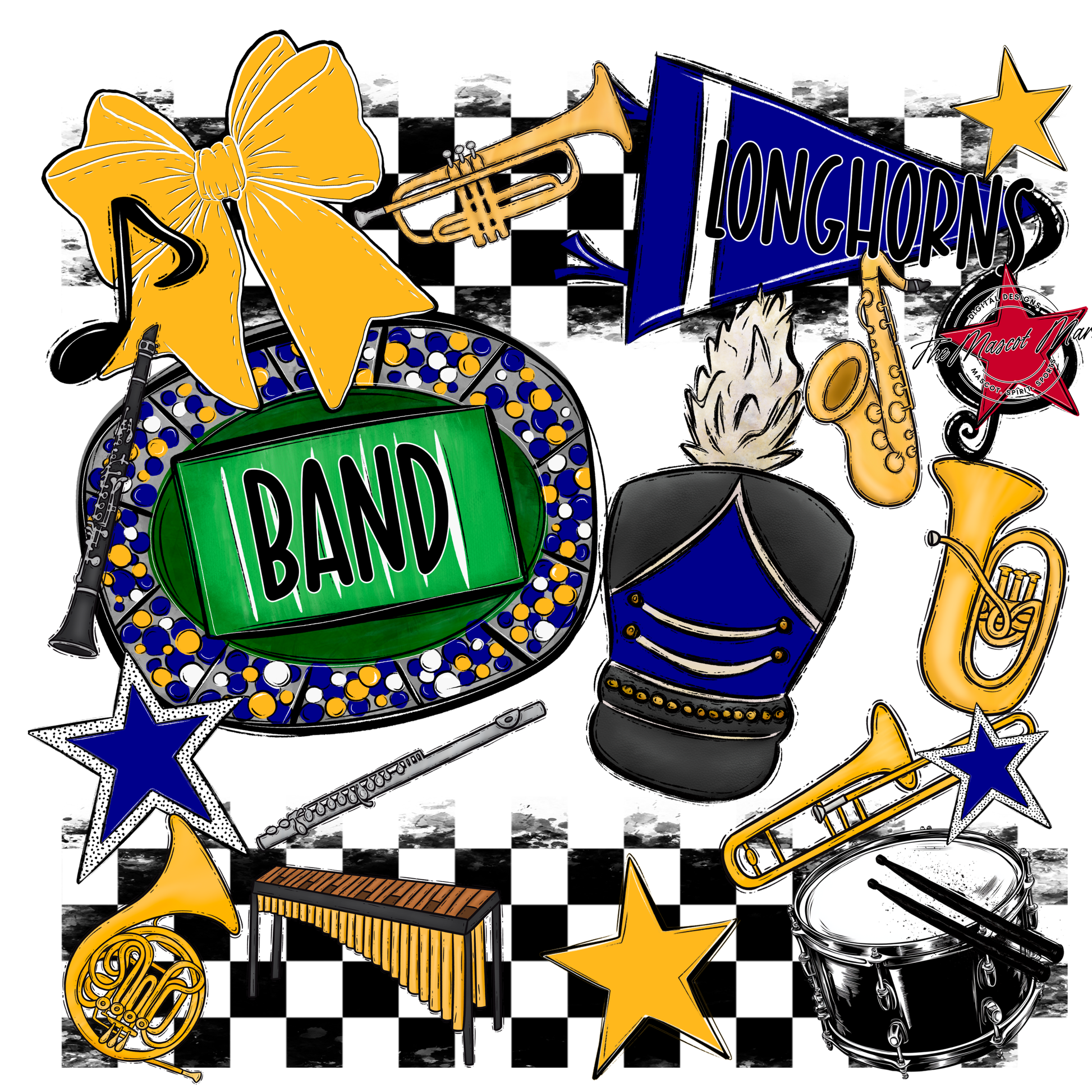 Longhorns Checkers Band Spirit Design-Blue-Yellow