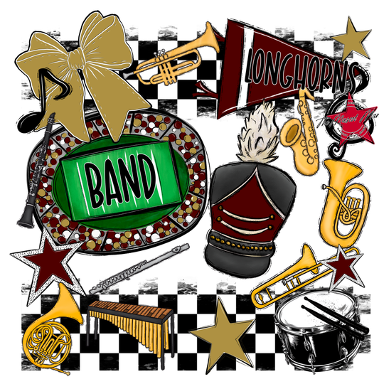 Longhorns Checkers Band Spirit Design-Maroon-Gold