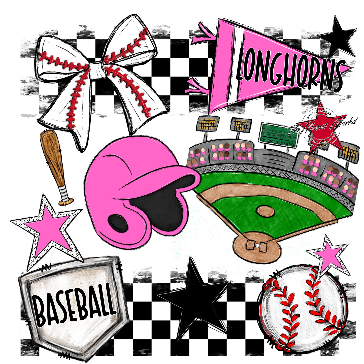 Longhorns Checkers Baseball Spirit Design-Baby Pink