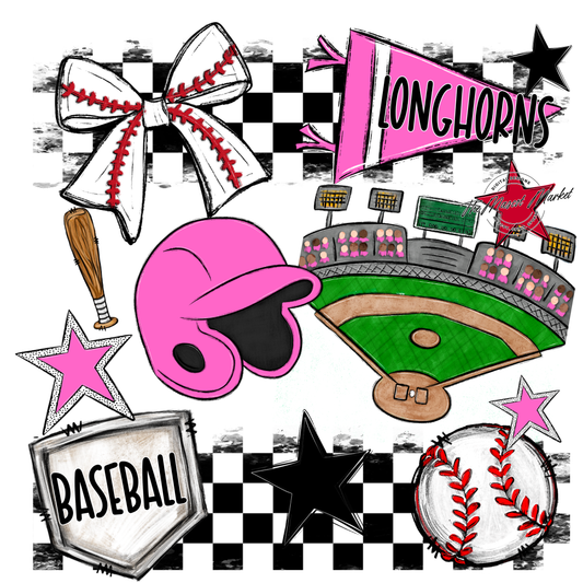 Longhorns Checkers Baseball Spirit Design-Baby Pink