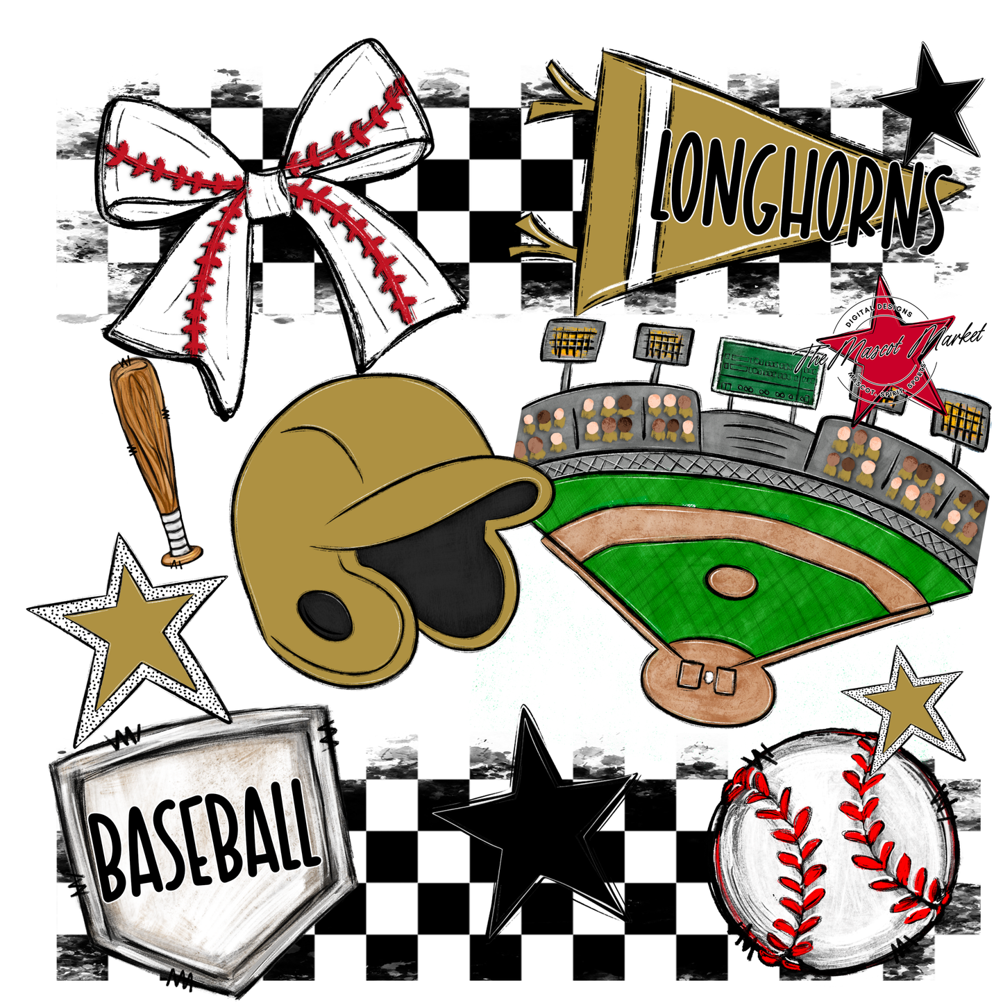 Longhorns Checkers Baseball Spirit Design-Gold
