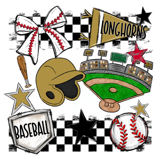 Longhorns Checkers Baseball Spirit Design-Gold