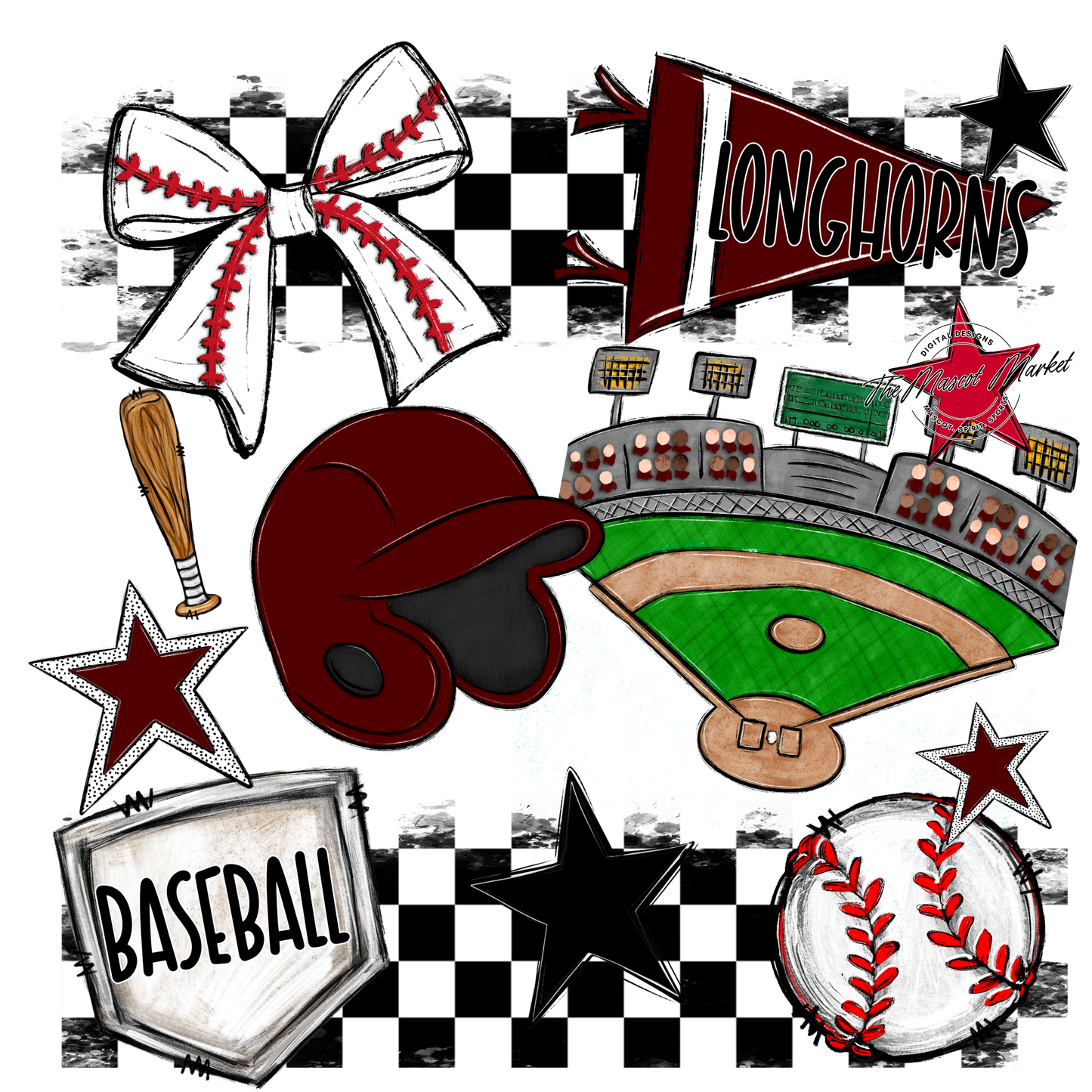 Longhorns Checkers Baseball Spirit Design-Maroon