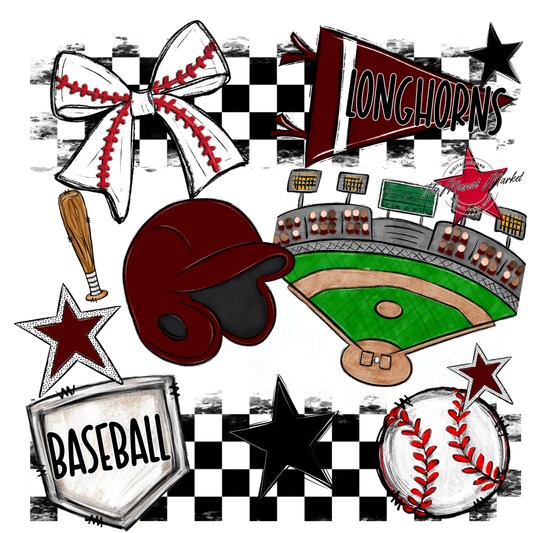 Longhorns Checkers Baseball Spirit Design-Maroon