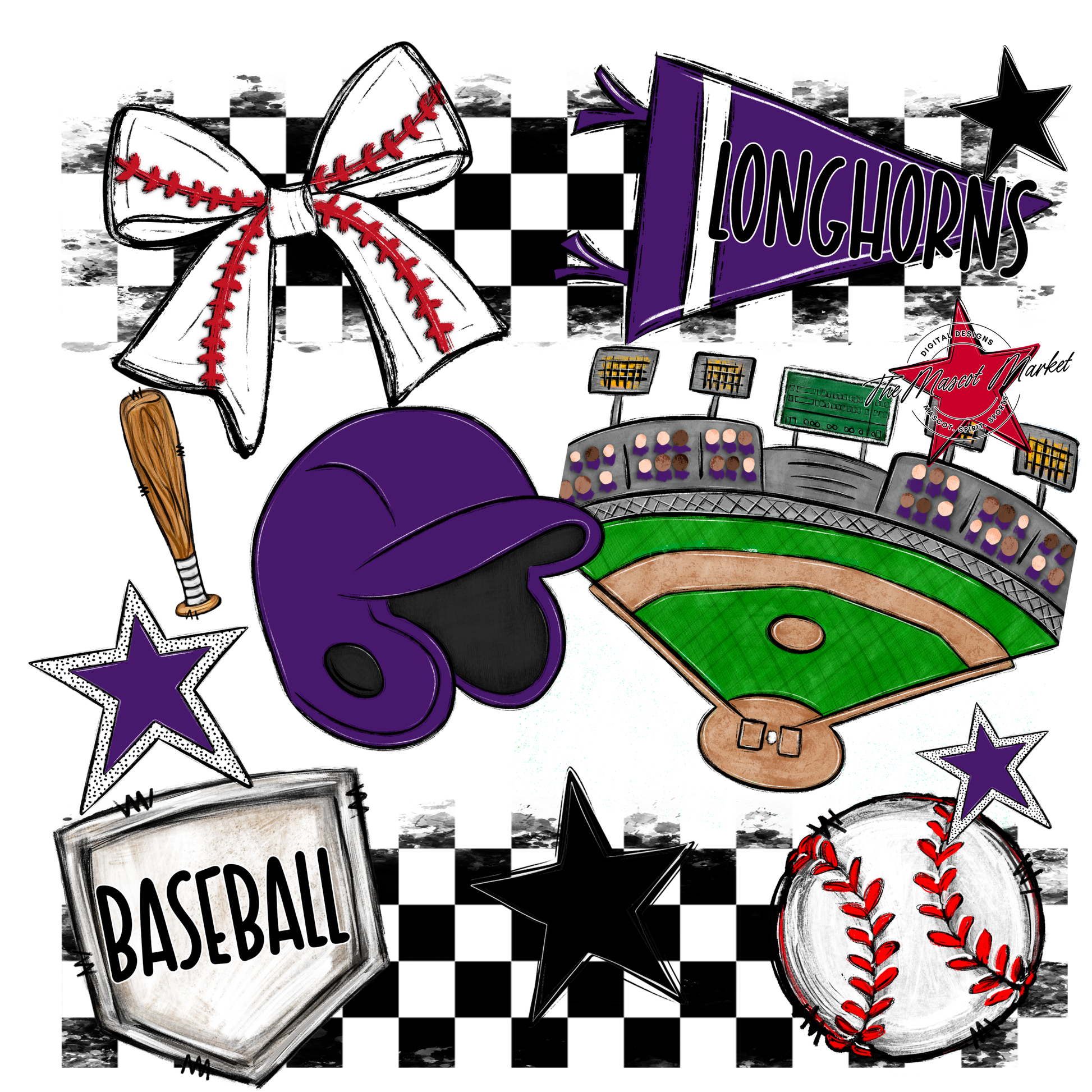 Longhorns Checkers Baseball Spirit Design-Purple