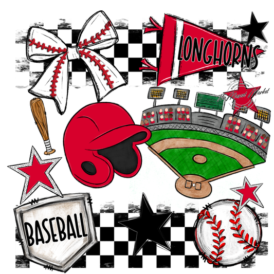 Longhorns Checkers Baseball Spirit Design-Red