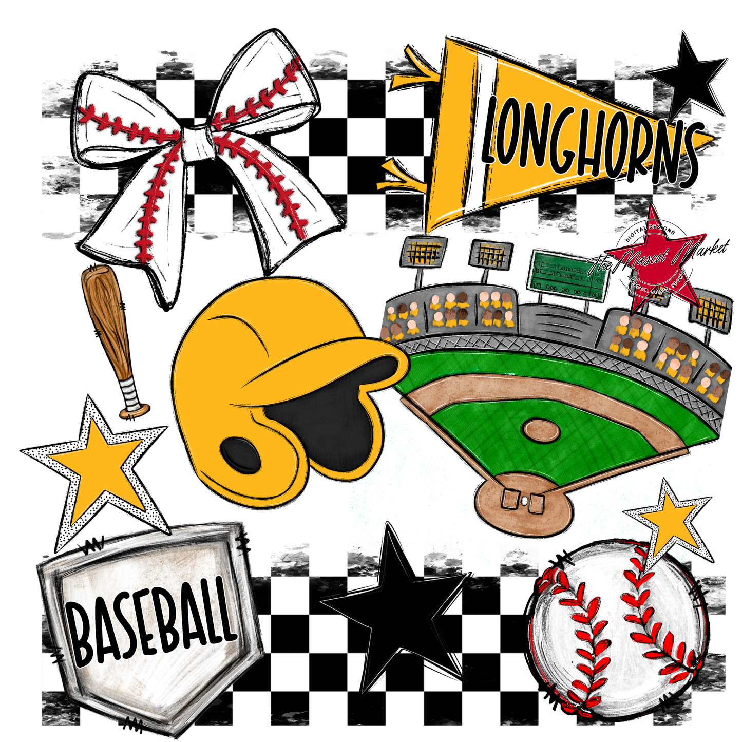 Longhorns Checkers Baseball Spirit Design-Yellow