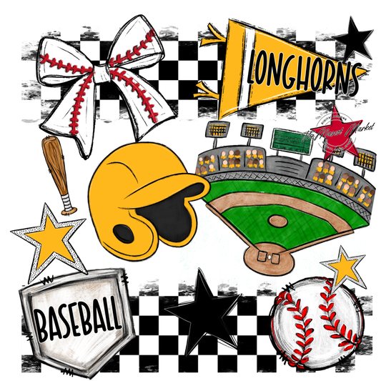 Longhorns Checkers Baseball Spirit Design-Yellow