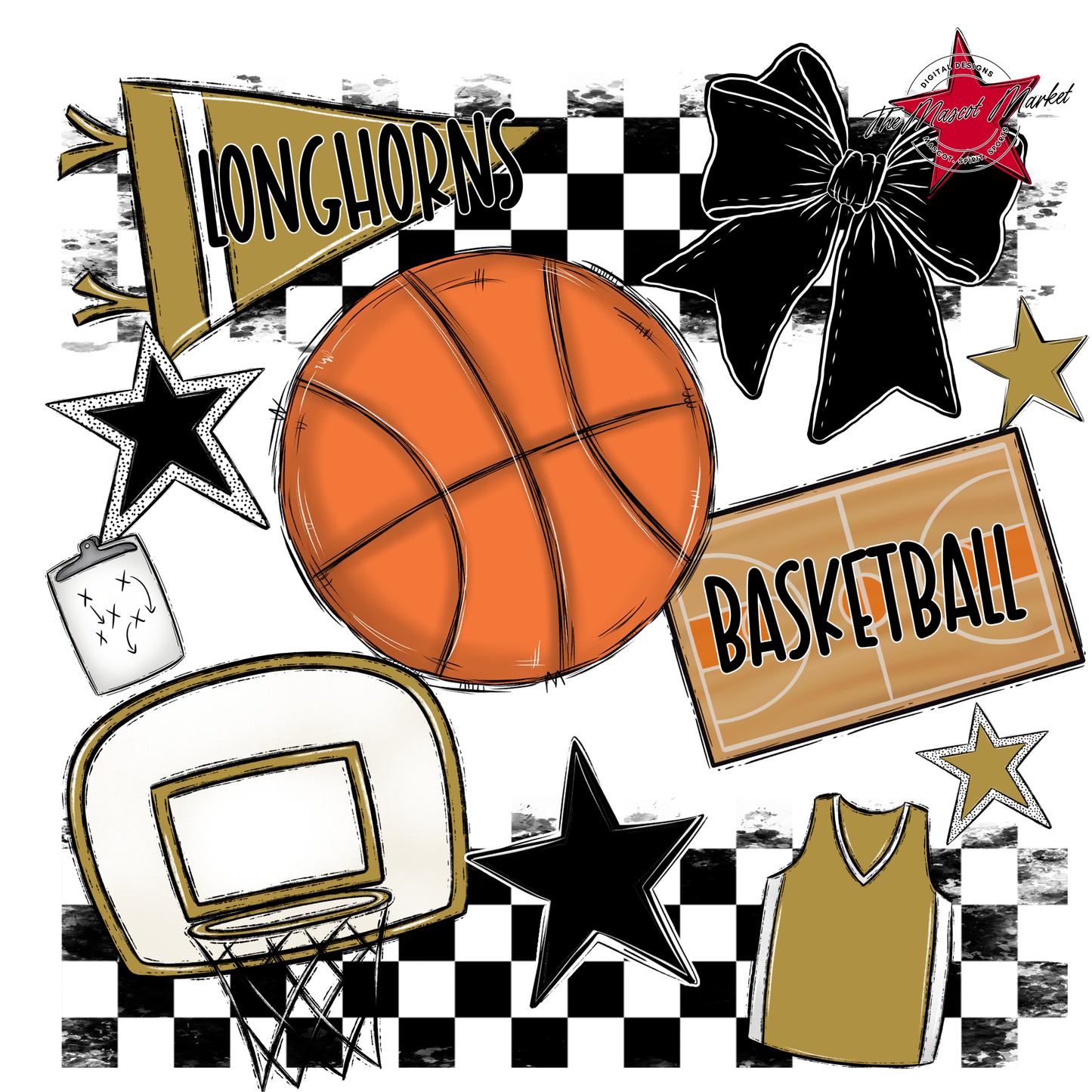 Longhorns Checkers Basketball Spirit Design-Gold