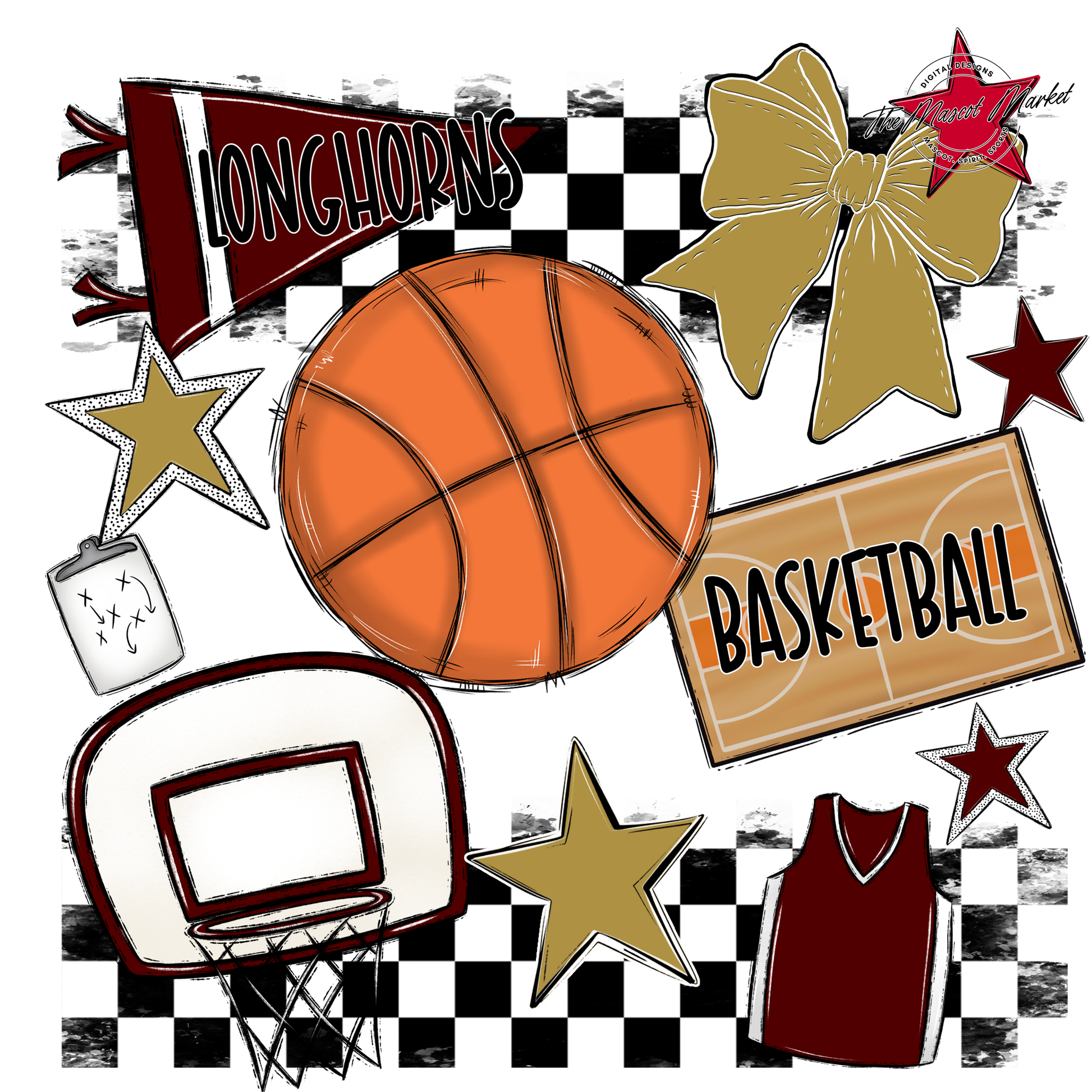 Longhorns Checkers Basketball Spirit Design-Maroon-Gold