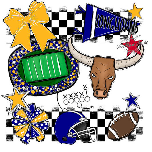 Longhorns Checkers Mascot Spirit Design-Blue-Yellow
