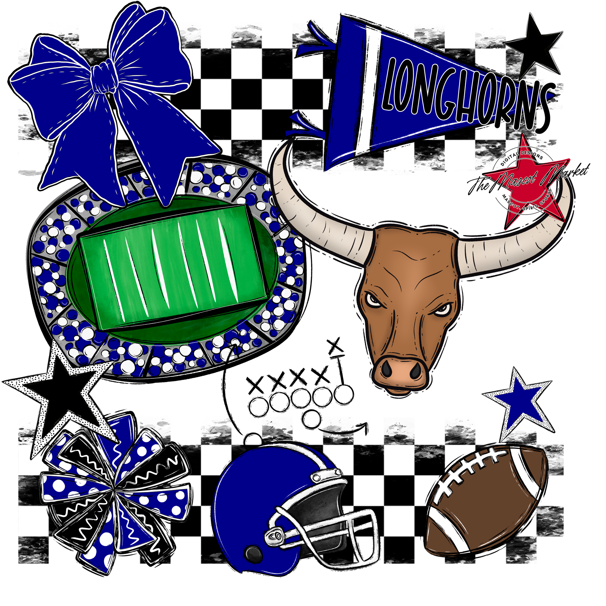 Longhorns Checkers Mascot Spirit Design-Blue