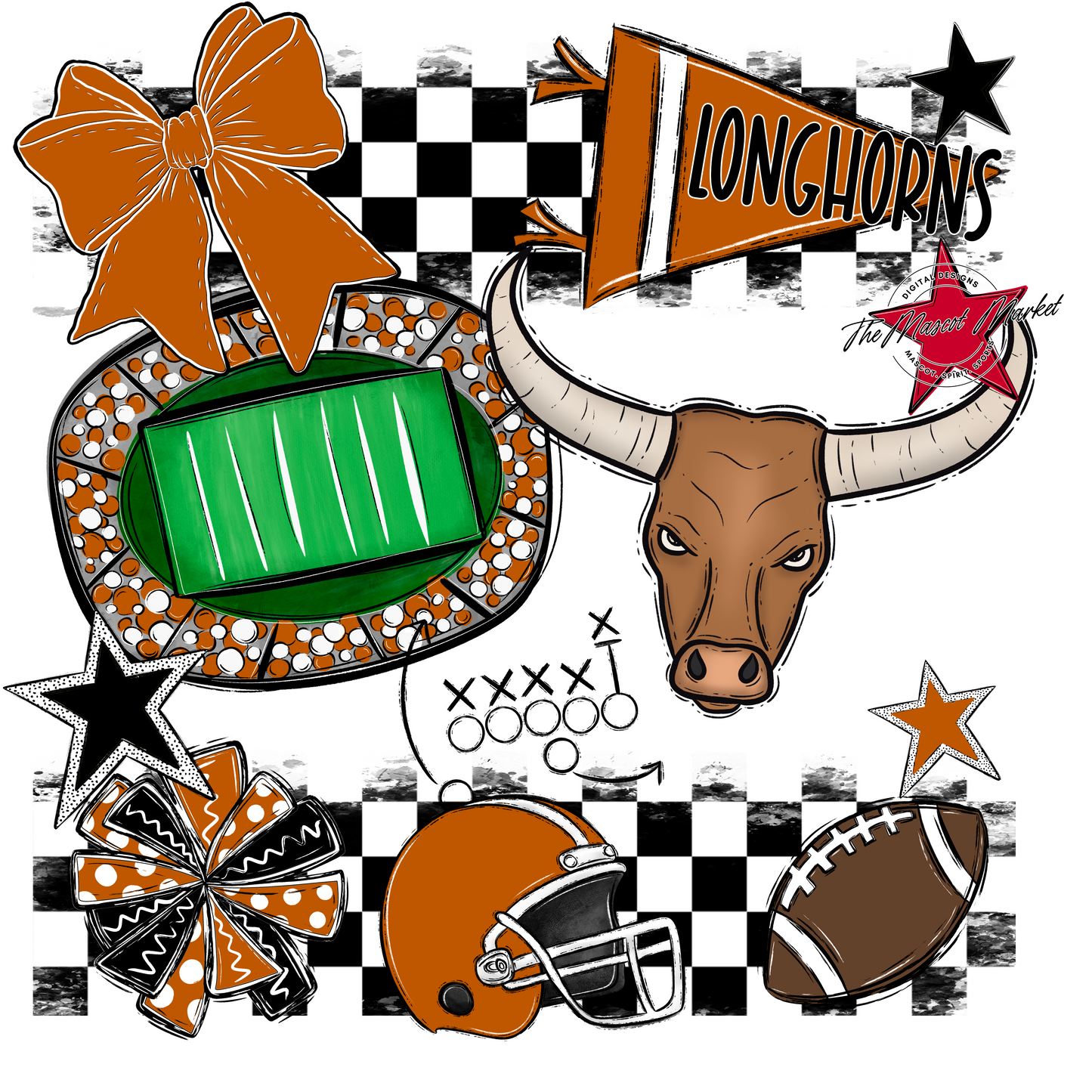 Longhorns Checkers Mascot Spirit Design-Burnt Orange