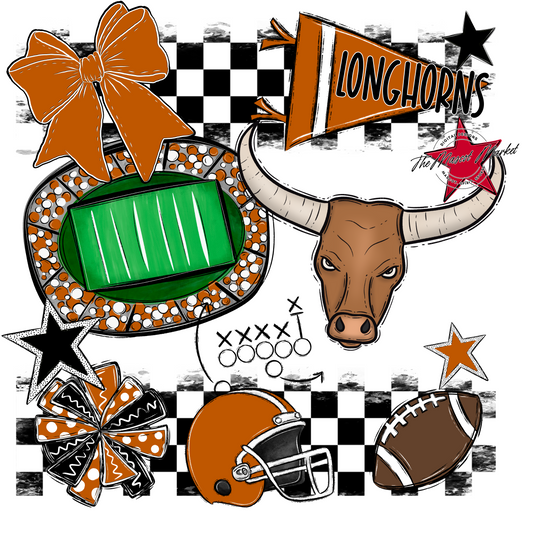 Longhorns Checkers Mascot Spirit Design-Burnt Orange