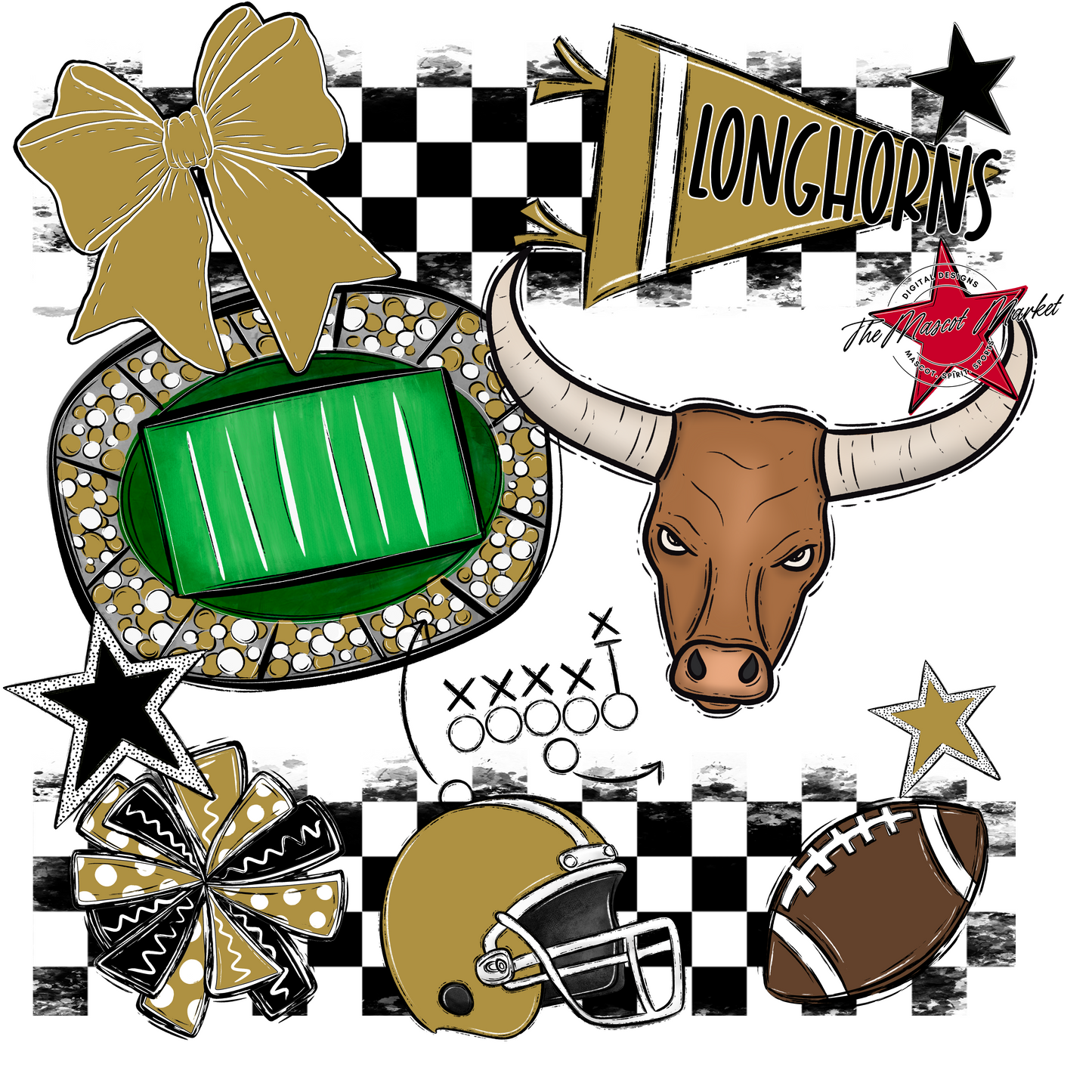 Longhorns Checkers Mascot Spirit Design-Gold