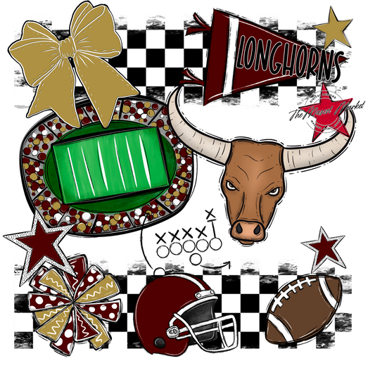 Longhorns Checkers Mascot Spirit Design-Maroon-Gold
