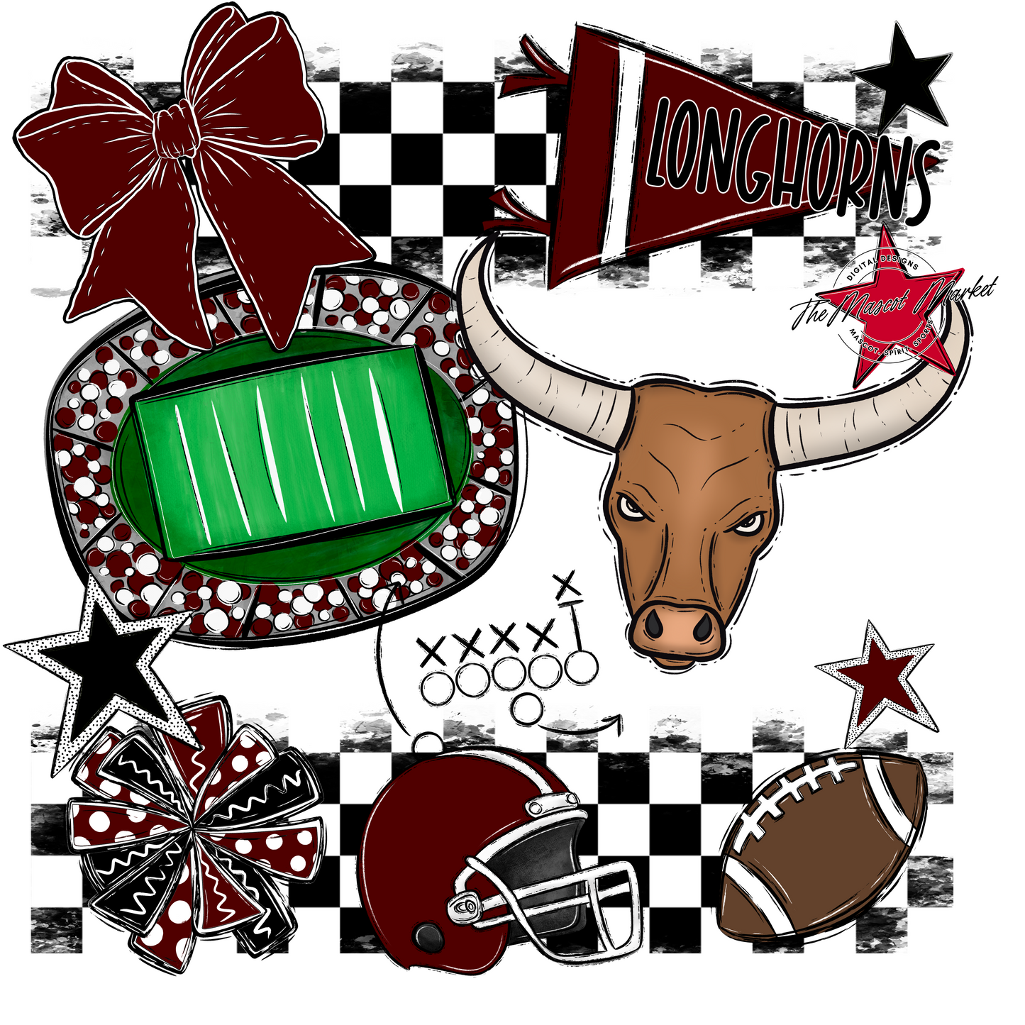 Longhorns Checkers Mascot Spirit Design-Maroon